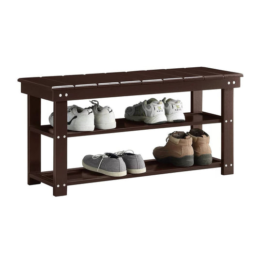 Espresso Brown Wood 2-Shelf Shoe Rack Storage Bench For Entryway or