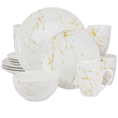 Elama Fine Marble 16 Piece Stoneware Dinnerware Set in Gold and White