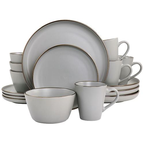 Elama Louis 16 Piece Stoneware Dinnerware Set in Matte Slate with Gold