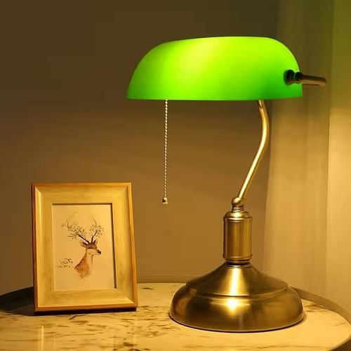 Antique Brass Bankers Lamp Desk Light Table Lamp with Green Glass