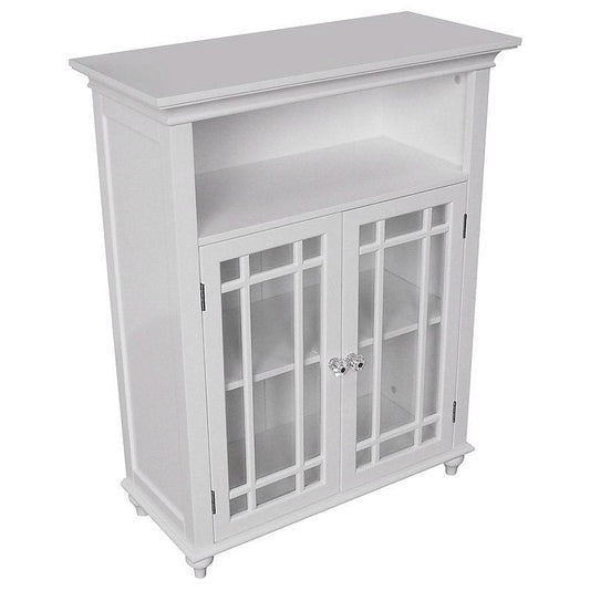 Classic White Wood 2-Door Bathroom Floor Cabinet with Glass Paneled