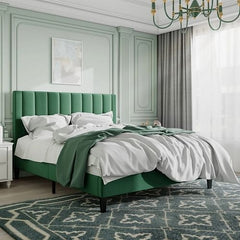 Full size Green Velvet Upholstered Platform Bed Frame with Headboard