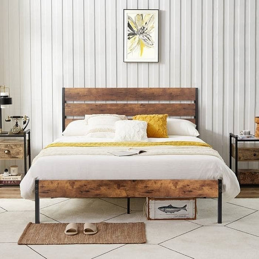 Full Industrial Platform Bed Frame with Brown Wood Slatted Headboard