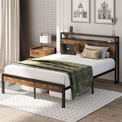 Full Size Industrial Platform Bed Frame with Storage Headboard and