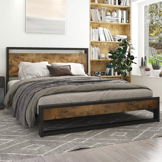 Full Modern Farmhouse Platform Bed Frame with Wood Panel Headboard