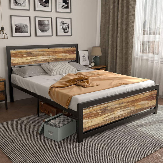 Full size Industrial Platform Bed Frame with Wood Panel Headboard