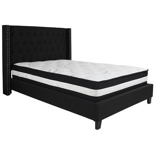 Full Size Platform Bed in Black Fabric with Pocket Spring Mattress