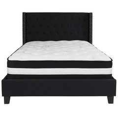 Full Size Platform Bed in Black Fabric with Pocket Spring Mattress