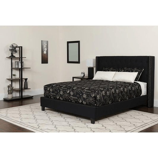 Full Size Platform Bed in Black Fabric with Pocket Spring Mattress