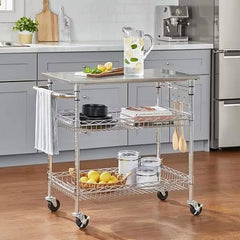 Kitchen Island Cart with Stainless Steel Top and 2 Bottom Storage