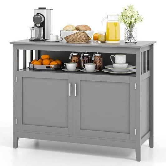 Grey Wood 2-Door Dining Buffet Sideboard Cabinet with Open Storage