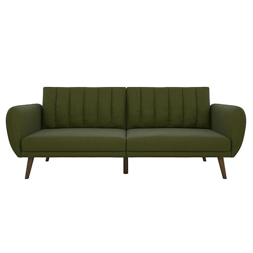 Green Linen Upholstered Futon Sofa Bed with Mid-Century Style Wooden