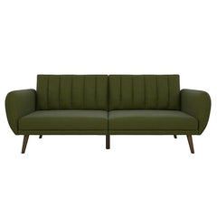 Green Linen Upholstered Futon Sofa Bed with Mid-Century Style Wooden