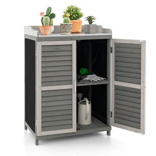 Grey Solid Wood Patio Storage Cabinet Garden Potting Bench Table with