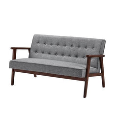 Mid-Century Modern 2-Seat Loveseat Sofa Couch Wood Frame Grey Button