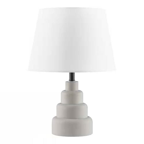 Small Grey Desk Light Table Lamp with White Fabric Shade for Bedside