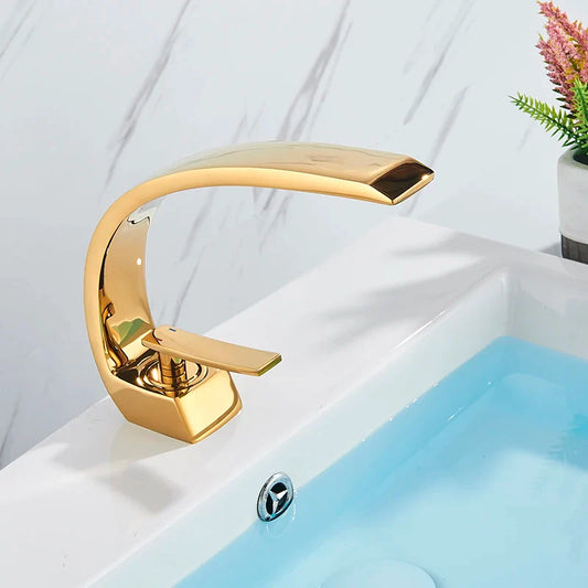 Polished Golden Bathroom Faucet Single Handle Hot Cold Mixier Tap Vanity Sink Faucet Deck Mount Crane