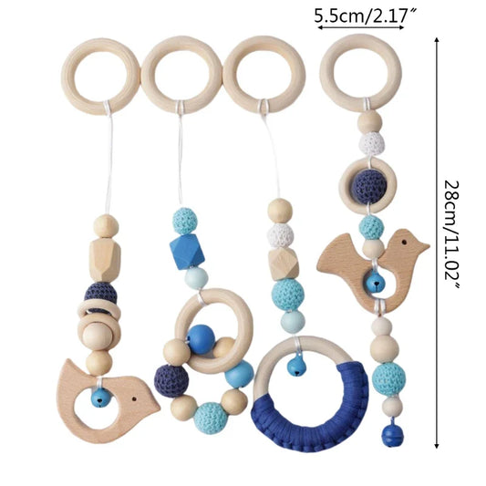 4 Pcs Wooden Baby Play Gym Frame Beech Ring Stroller Hanging Pendants Newborn Activity Gym Fitness Rack Rattle Toys Room Decor