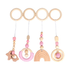 Baby Play Gym Frame Wooden Beech Activity Gym Frame Stroller Hanging Pendants Toys Teether Ring Nursing Rattle Toys Room Decor