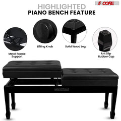 5CORE Duet Piano Bench w Storage For Two Wooden Adjustable Keyboard