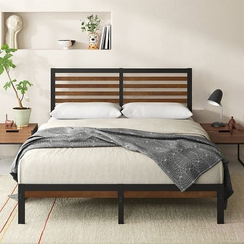 Full Metal Platform Bed Frame with Bamboo Wood Slat Headboard and