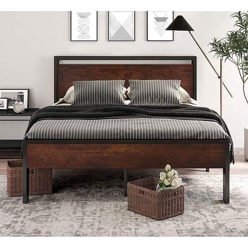 King Metal Platform Bed Frame with Mahogany Wood Panel Headboard