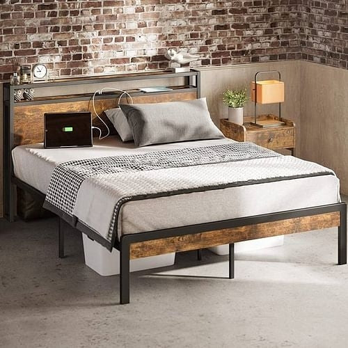 King Size Industrial Platform Bed Frame with Storage Headboard and