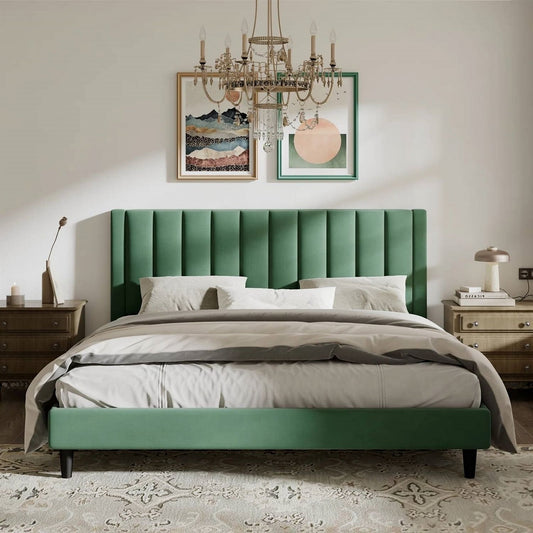 King size Green Velvet Upholstered Platform Bed Frame with Headboard