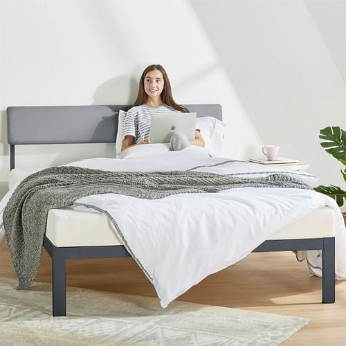 King Size Grey Soft Fabric Metal Headboard Platform Bed Wooden Slats