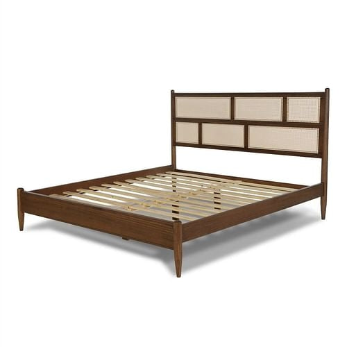 Queen Size Hardwood Platform Bed Frame with Cane Paneling Headboard in