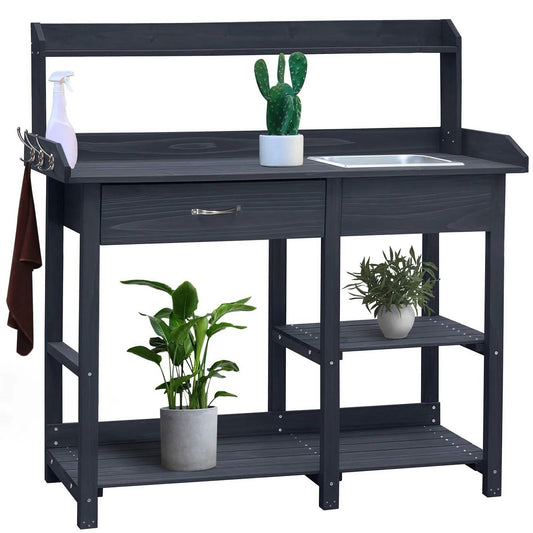 Grey Wood Outdoor Garden Potting Bench Storage Shelf with Removeable