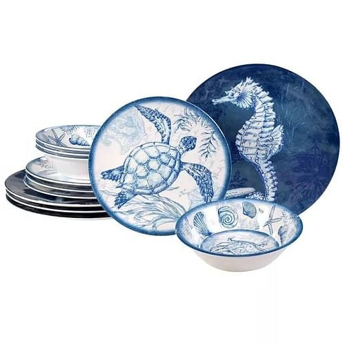 12-Piece Sea Shells Ocean Theme Dinnerware Set in Blue and White -