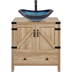 Farmhouse Wood Finish Bathroom Vanity w/ Blue Glass Sink Black Faucet