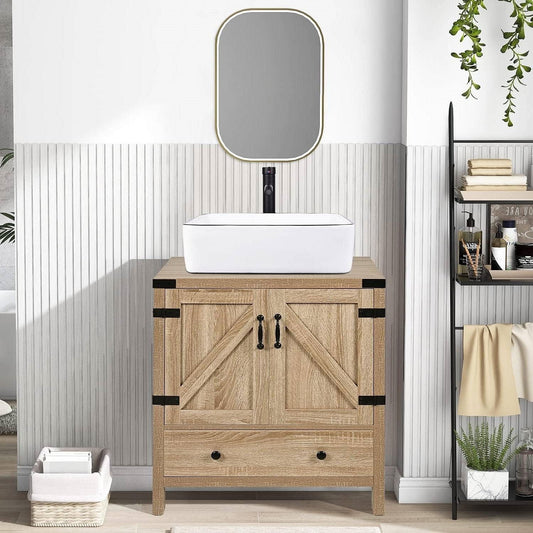 Farmhouse Wood Finish Bathroom Vanity with White Sink - Black Faucet