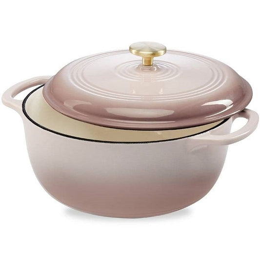 6 Quart Large Pink Beige Off-White Enamel Cast-Iron Dutch Oven Kitchen