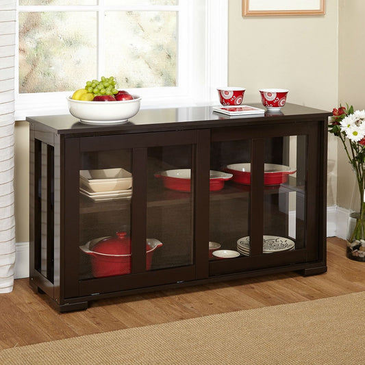 Espresso Sideboard Buffet Dining Kitchen Cabinet with 2 Glass Sliding