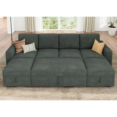 Modular Sectional Sleeper Sofa Bed, Corduroy Pull Out Couch with Storage Ottoman, U Shaped Sectional Couches for Living Room