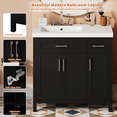 36" Black Bathroom Vanity Cabinet with Resin Integrated Sink - 2 Drawers, 3 Doors