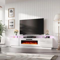 Fireplace TV Stand with 40" Fireplace, 80" Modern High Gloss Fireplace Entertainment Center LED Lights 2 Tier TV Console Cabinet