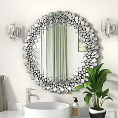 Luxury Round Decorative Wall Mirror Bedroom Livingroom Hallway Gorgeous Mosaic Design HD Silver Mirror Easy to Mount 31.5'' x