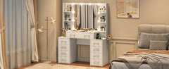 Glass Top Vanity Desk with Mirror & Lights, Large Vanity Makeup Mirror Desk with Charging Station & Compartment Storage Drawers,