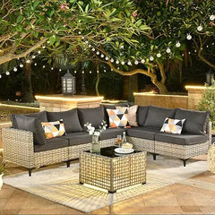 7 Piece Outdoor Patio Furniture, with Glowing Coffee Table, Rattan Wicker Coversation Set with Sofa, Garden Furniture Sets