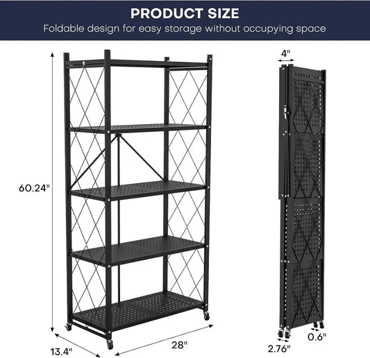 5-Tier Foldable Storage Shelf with Wheels - Metal Collapsible Shelving Unit Display, Rolling Cart for Books Kitchen Storage