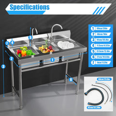 3 Compartment Freestanding Stainless Steel Utility Sink Commercial Kitchen Sink Laundry Basin with 2 Hot Cold Faucets + 3 Drains