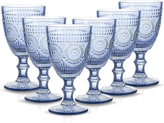 Blue Wine Glasses Set of 6 Vintage Drinkware Water Goblets for Wine or Cocktails Cute Drinking Glass with  Embossed Glassware fo