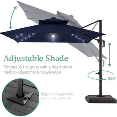 10x10ft 2-Tier Square Cantilever Patio Umbrella with Solar LED Lights, Offset Hanging Outdoor Sun Shade