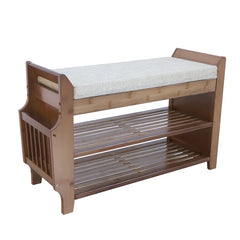 2-Tier Bamboo Shoe Bench w/ Seat Removable Cushion Entryway Shoe Organizer Shelf w/ Drawer