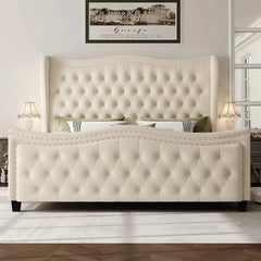 King Bed Frame, 55" Headboard Upholstered Beds, Velvet Handmade Pleats Deep Button Tufted Wingback Platform Beds, Bed