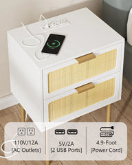 Rattan Nightstand with Charging Station, 2 Drawer Dresser for Bedroom, Small Bedside Table with 2 Drawers, Night Stand,