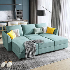 Convertible Sectional Sleeper Sofa with Storage Seats Modern Modular Sofa Sectional Couch with The Ottomans, Aqua Blue